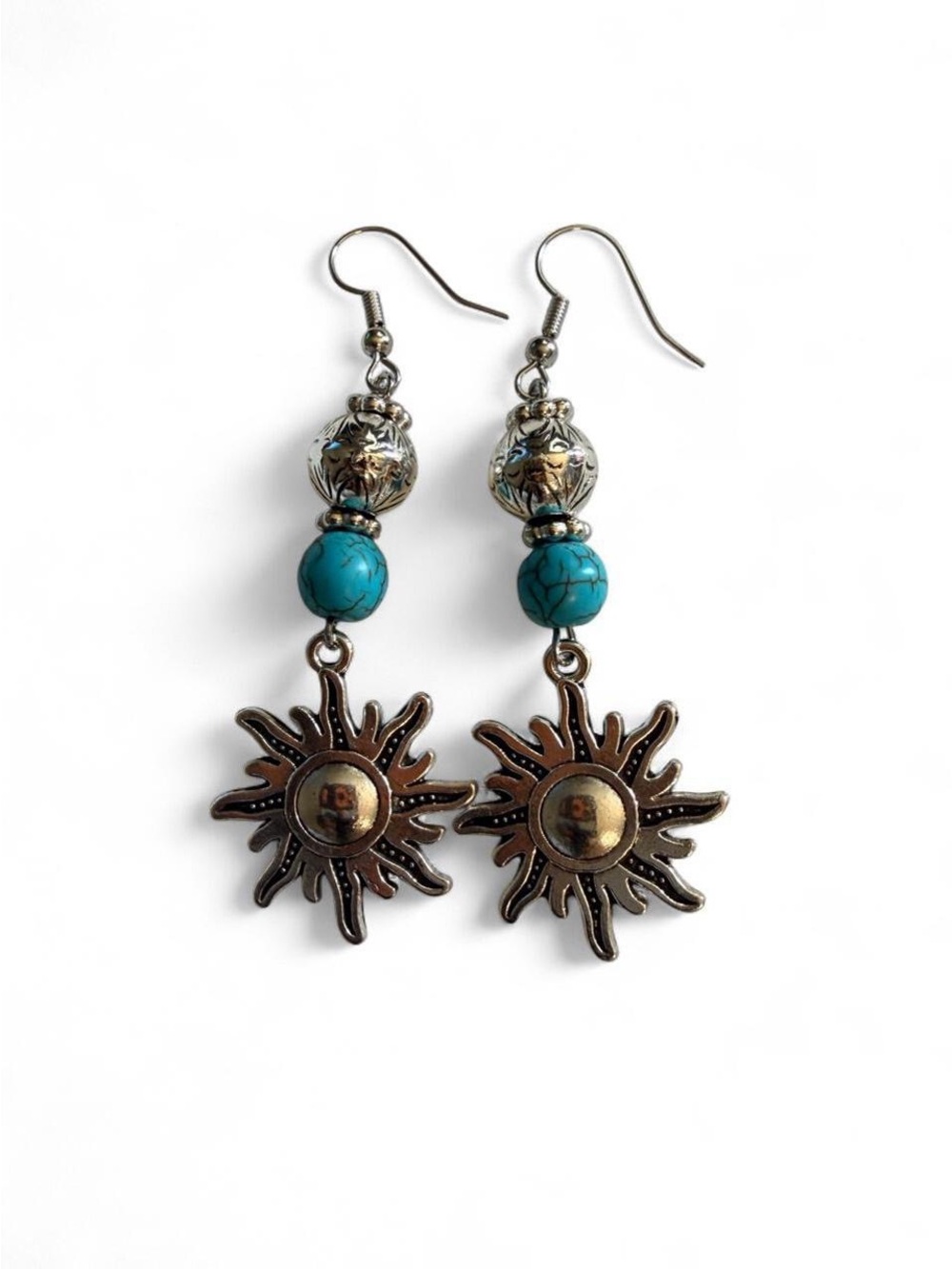 Handmade Turquoise & Ornate Silver Bead Sun Charm Earrings Boho